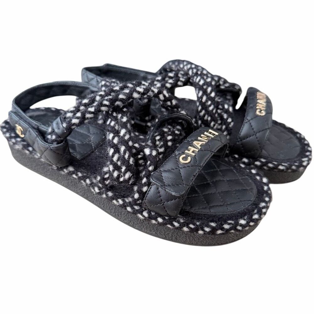 Chanel Black and White Cord and Quilted Lambskin Dad Sandals 40